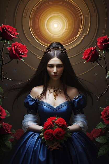 Giovane ragazza con l'illustrazione romantica del fondo della carta da parati delle belle rose dei capelli della decorazione del fiore