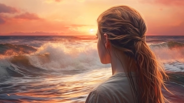 Giovane ragazza con la schiena via mare al tramonto primo piano Stile di vita romantico viaggio in paesi esotici AI