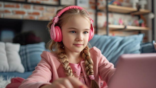 giovane ragazza con le cuffie utilizzando un computer portatile