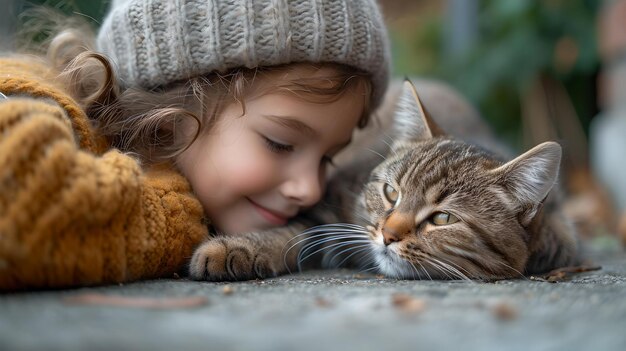 Giovane ragazza con un cappello accogliente che appoggia delicatamente la testa su un gatto soriano addormentato, un momento di amicizia AI