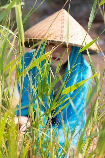 Giovane ragazza con un cappello di paglia vietnamita