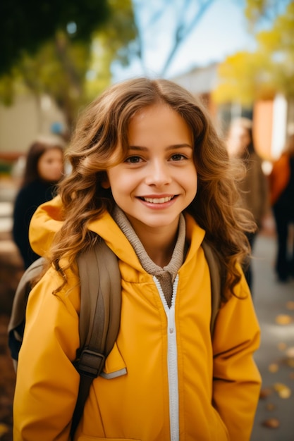 Giovane ragazza con zaino sorride alla telecamera mentre cammina per strada AI generativa