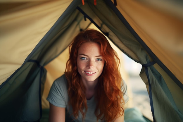 Giovane ragazza dai capelli rossi dentro una tenda da campeggio