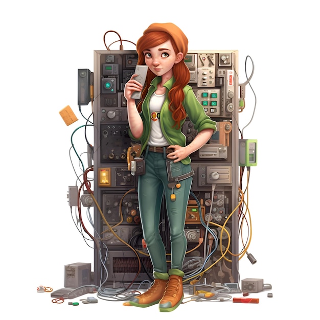 Giovane ragazza dai capelli rossi in tuta verde e jeans in piedi vicino al quadro pieno di componenti elettrici