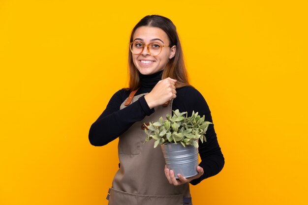 Giovane ragazza del giardiniere che tiene una pianta sopra giallo isolato che celebra una vittoria