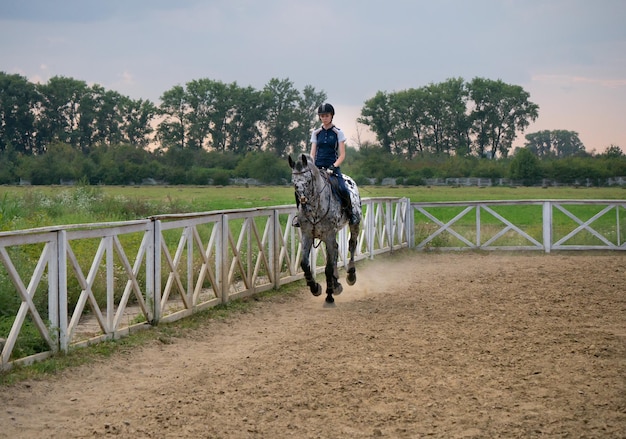 Giovane ragazza fantino su un cavallo all'aperto atleta femminile cavalca un cavallo su maneggio aperto