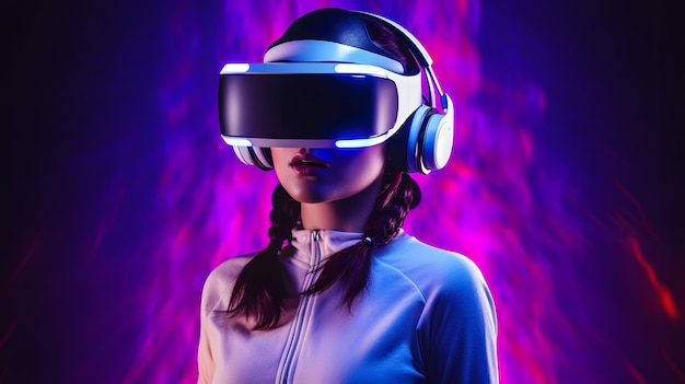 Giovane ragazza in occhiali per realtà virtuale su uno sfondo al neon Creato con la tecnologia generativa AI