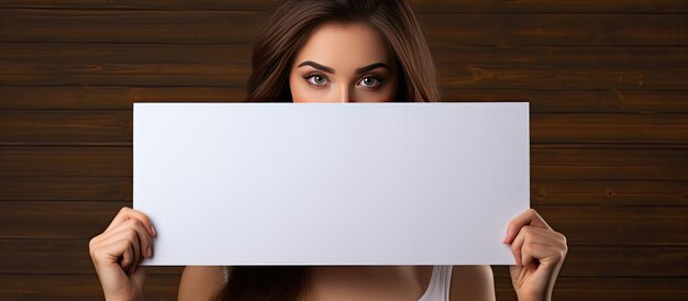 Giovane ragazza in posa dietro banner bianco su sfondo marrone perfetto per il testo o il design