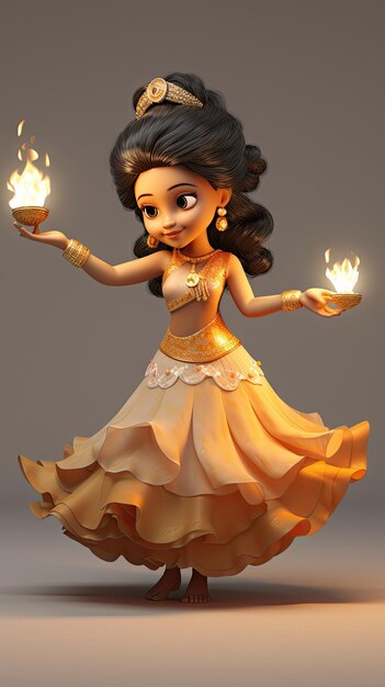 Giovane ragazza indiana che tiene la lampada Diya Diwali cartone animato 3D