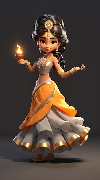 Giovane ragazza indiana che tiene la lampada Diya Diwali cartone animato 3D