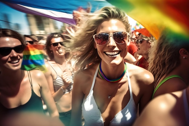 Giovane ragazza insieme ad altre persone che celebrano l'orgoglio gay in strada alla luce del giorno Omosessuale orgoglio protesta folla celebrazione e concetto di diversità Immagine generata con AI