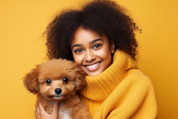 Giovane ragazza marrone in maglione giallo con i capelli marroni ricci tiene un cucciolo adorabile e sorride felicemente sullo sfondo giallo