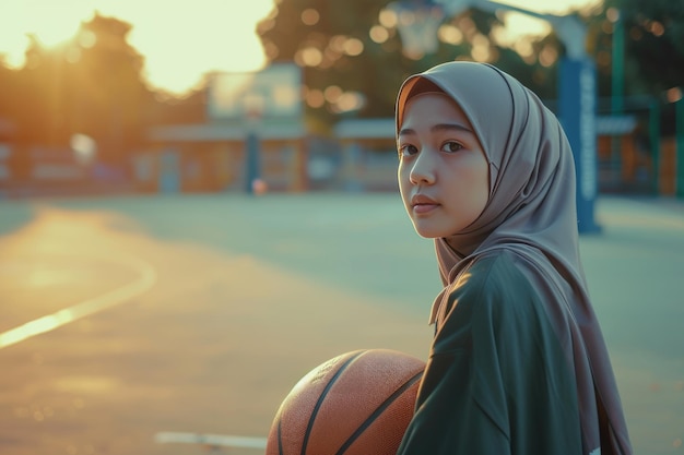 Giovane ragazza musulmana asiatica adolescente che indossa l'hijab che va a giocare a basket sul campo all'aperto al mattino con determinazione concetto sportivo musulmano