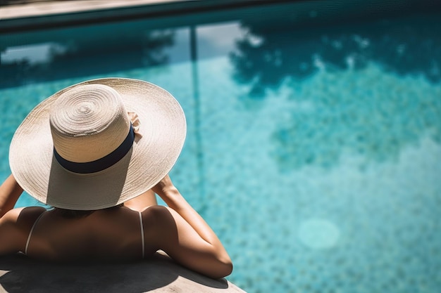 Giovane ragazza seduta guardando una piscina con un cappello da spiaggia