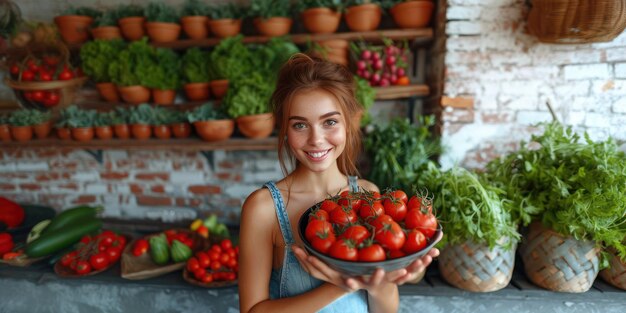 Giovane ragazza sorridente con un piatto di pomodori in primo piano generativo AI