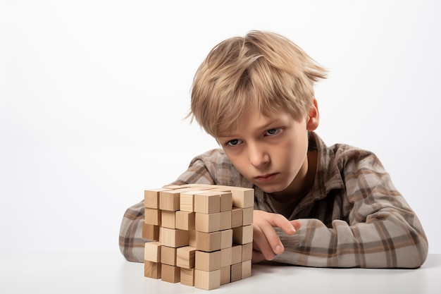 Giovane ragazzo biondo caucasico con puzzle di legno concetto di salute mentale del bambino disturbo dello spettro autistico concetto di consapevolezza istruzione spazio di copia di sfondo interno