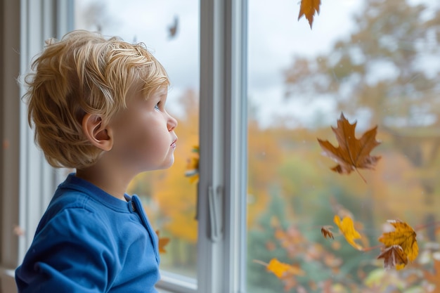 Giovane ragazzo biondo in camicia blu che guarda con curiosità dalla finestra del soggiorno le foglie autunnali che cadono e il cielo grigio