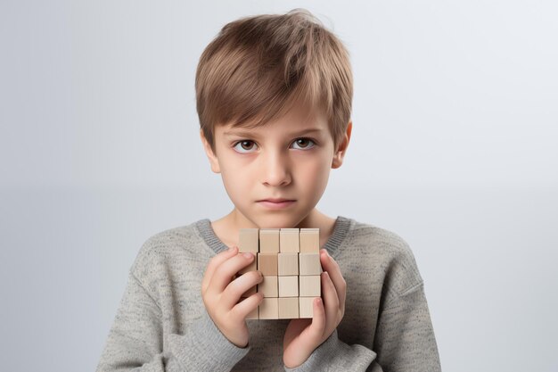 Giovane ragazzo caucasico dai capelli castani con un puzzle di legno concetto di salute mentale del bambino disturbo dello spettro autistico concetto di consapevolezza istruzione spazio di copia di sfondo interno