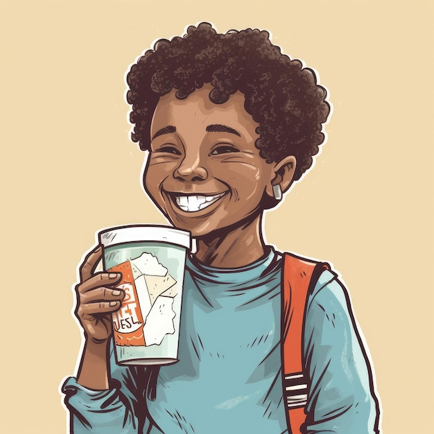 Giovane ragazzo che beve l'illustrazione del fumetto del latte con l'IA generativa