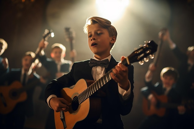 giovane ragazzo che canta e suona la chitarra acustica sullo sfondo in stile bokeh