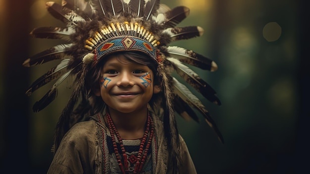 giovane ragazzo che indossa un copricapo da guerra nativo americano