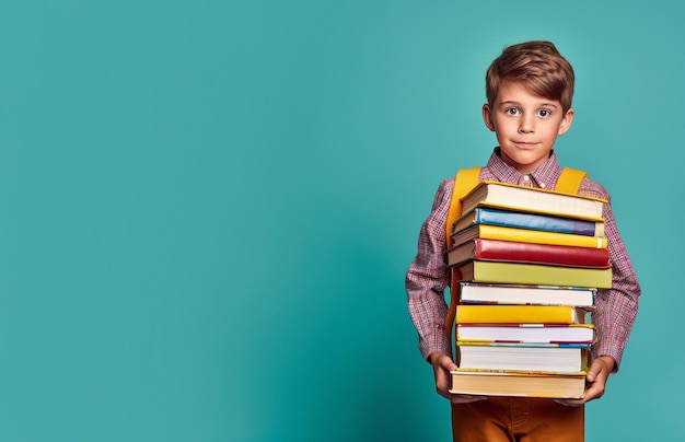 Giovane ragazzo che tiene molti libri con lo zaino su uno sfondo turchese