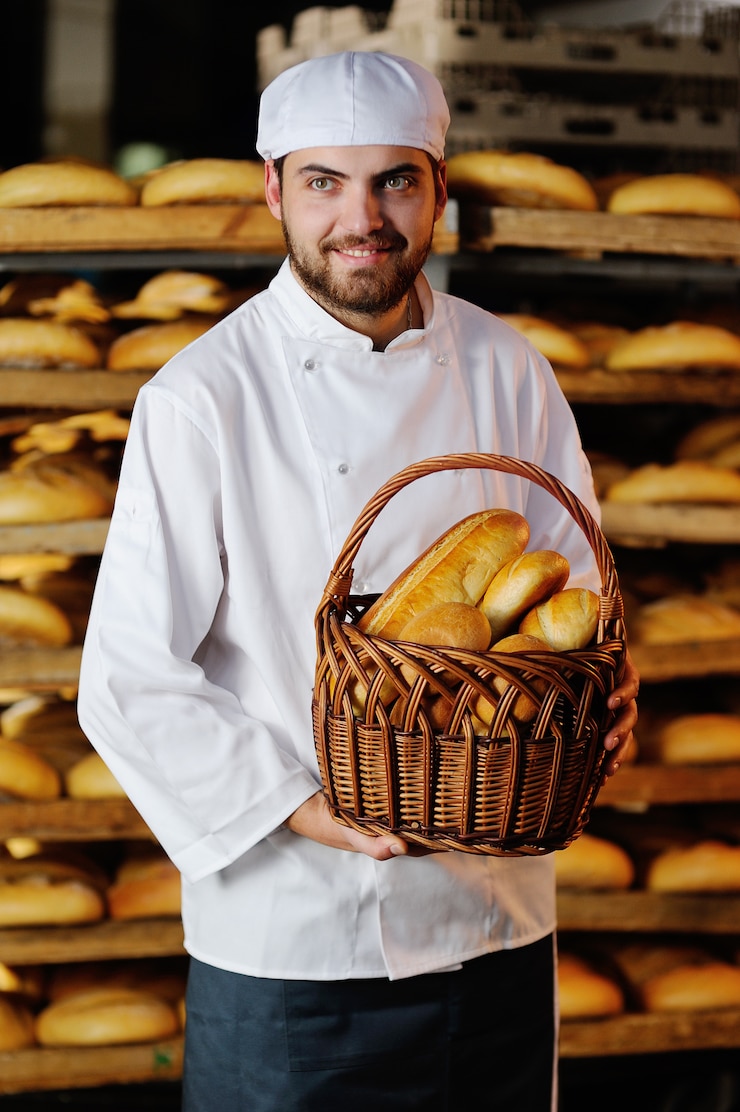 Foto giovane ragazzo che tiene un cestino con i prodotti da forno