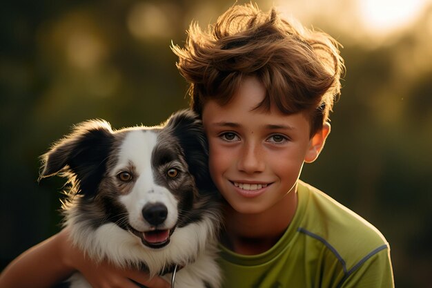 Giovane ragazzo che trasuda fiducia mentre sta in piedi con il suo giocoso cane da pastore australiano