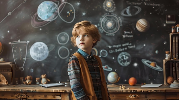 Giovane ragazzo in soggezione che esplora un'aula in stile vintage con disegni del sistema solare scena educativa nostalgica e immaginativa perfetta per l'apprendimento materiale e arte murale AI