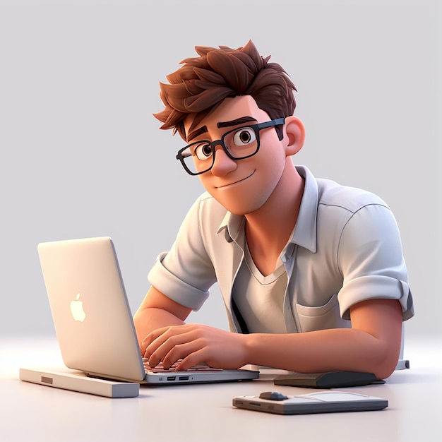 giovane ragazzo seduto davanti al portatile l'uomo lavora sul computer freelancer rendering 3d illustrazione 3d isolata in solido sfondo bianco