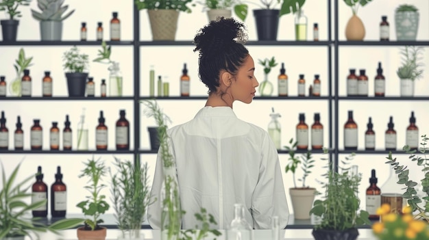 Giovane scienziata afroamericana che esamina piante ed estratti in un laboratorio moderno
