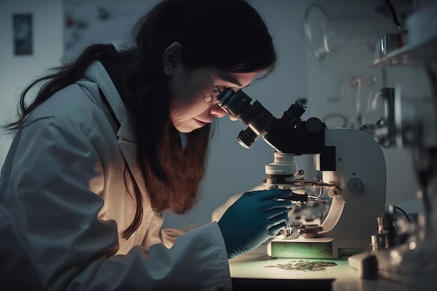 Giovane scienziata in un laboratorio che esamina gli agenti patogeni con un microscopio Ai generativo