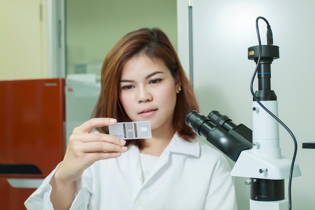 Giovane scienziato femminile dell&#39;Asia delle donne o di tecnologia che lavora con la pipetta multicanale in laboratorio biologico