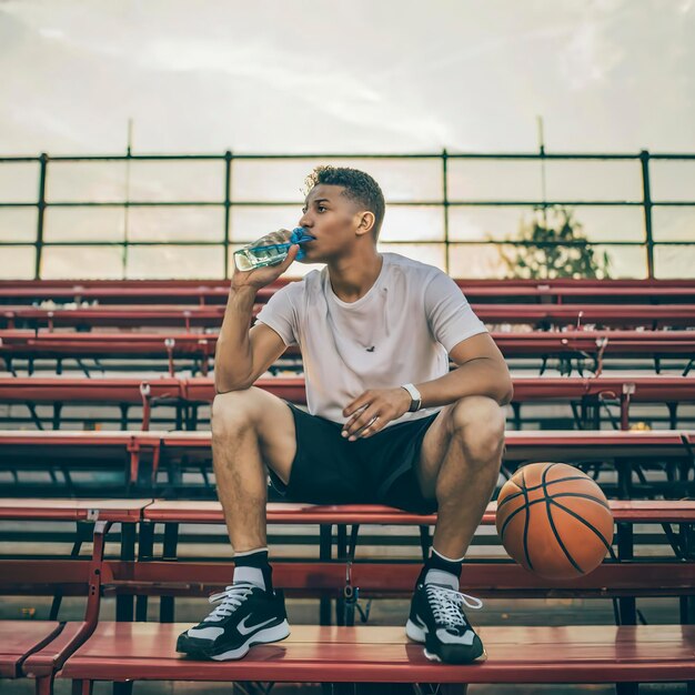 Giovane seduto a bere acqua nelle tribune del campo da basket