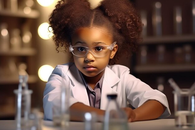 Giovane seria ragazza afroamericana riccia seduta al tavolo del laboratorio scientifico cappotto bianco e occhiali di sicurezza