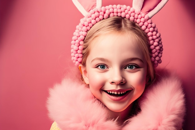 Giovane signora che indossa la fascia delle orecchie del coniglietto isolata su sfondo rosa nella fotografia in studio Ai generato