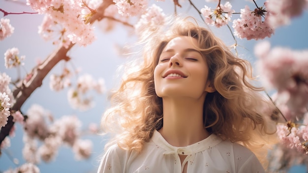 Giovane signora in mezzo agli alberi di sakura e ai fiori in primavera