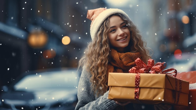 Giovane signora sorridente felice che tiene molti regali di Natale in posa a casa festosa