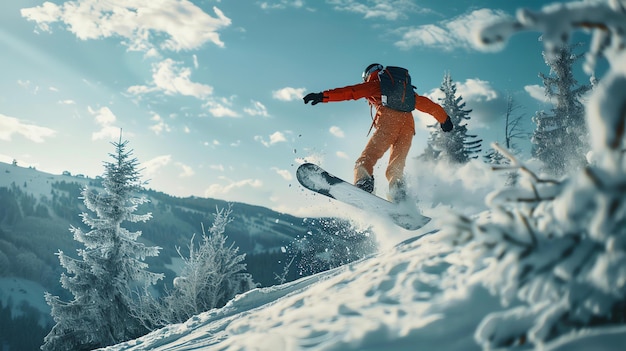 Giovane snowboarder che salta su una montagna innevata