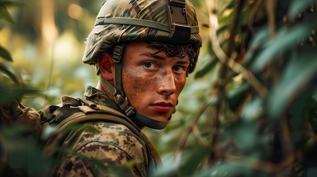 Giovane soldato in uniforme militare sguardo senza emozioni della foresta