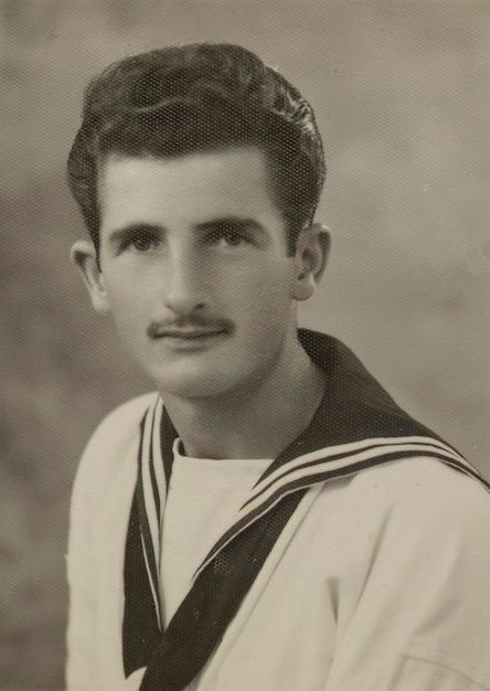 Giovane soldato italiano marinaio ritratto in primo piano negli anni '50