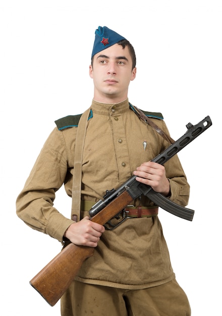 Giovane soldato sovietico con mitragliatrice, seconda guerra mondiale