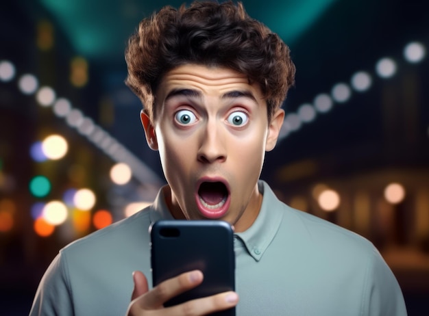 Giovane sorpreso che guarda la telecamera con lo smartphone con l'espressione facciale sbalordita scioccato dalla nuova app