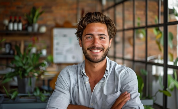 Giovane sorridente con le braccia incrociate in un ufficio