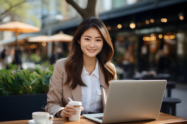 Giovane sorridente professionista carina donna d'affari asiatica è seduta all'aperto in una strada della città al tavolo del caffè