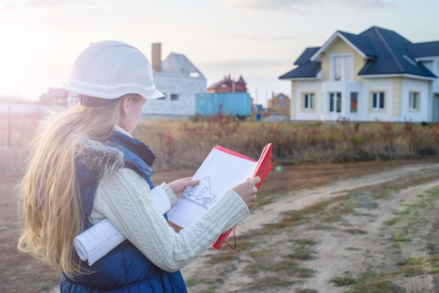 Giovane specialista femminile della costruzione che esamina i modelli al cantiere