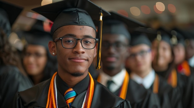 giovane studente africano alla cerimonia di laurea indossando cappelli e abiti