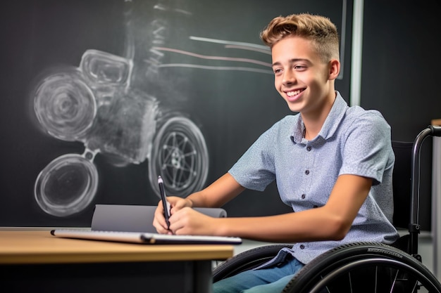 Giovane studente in sedia a rotelle in classe AI generativa