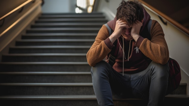 Giovane studente ragazzo seduto sulle scale depresso