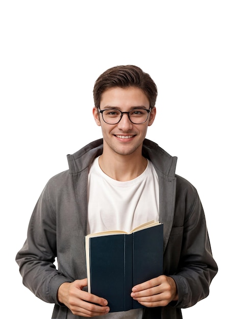 Giovane studente sorridente con gli occhiali che tiene in mano un libro isolato su uno sfondo bianco